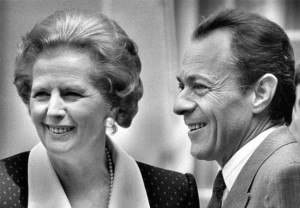 File picture of then French prime minister Michel Rocard with British Prime Minister Margaret Thatcher at the Hotel Matignon in Paris